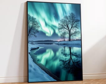 Northern Lights Winter Landscape, Printable Wall Art, Digital Download, Snowy Nature Photography, Aurora Borealis Lake Reflection Print