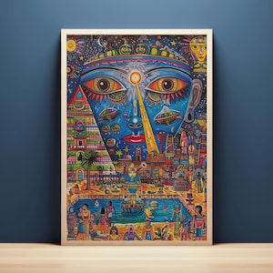 Illustrazione surreale dell'antico Egitto, arte murale stampabile, stampa massimalista scaricabile, decorazione murale psichedelica vibrante, poster pop art stravagante