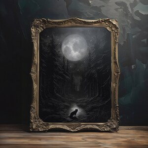 Moody Moonlit Night Landscape, Printable Wall Art, Digital Download, Dark Cottagecore Aesthetic Wall Decor, Etching Style Landscape Painting