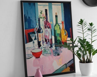 May include: A painting of a still life with five bottles, two glasses, a bowl, and a vase on a pink table. The bottles are various colors, including red, green, and yellow. The glasses are clear and the bowl is red. The vase is pink and has a floral design.