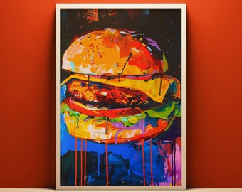 Pôster colorido de hambúrguer, arte de parede para impressão, download instantâneo, decoração de parede de cozinha exclusiva, pintura de arte pop vibrante, arte de parede de fast food da moda