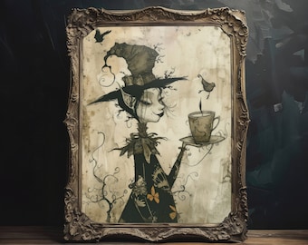 Fairy Witch Poster, Printable Wall Art Instant Download, Moody Witchcore Wall Decor, Shabby Chic Whimsigoth Painting, Dark Cottagecore Print