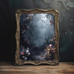 Claro del bosque encantado, descarga digital de arte de pared imprimible, impresión de paisaje de bosque cambiante oscuro, decoración de pared Cottagecore oscura, arte de pared floral