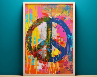 Simbolo di pace vibrante, stampabile, download immediato, pittura pop art espressionista, decorazione murale moderna e colorata, stampa pop art astratta