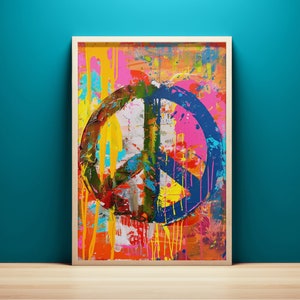 Arte de pared imprimible con símbolo de paz vibrante, descarga instantánea, pintura de arte pop expresionista, decoración de pared moderna y colorida, impresión de arte pop abstracto