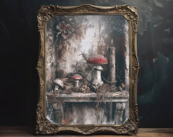 Darkcore Cottage Stillleben, druckbare Wandkunst, digitaler Download, launische Goblincore-Wanddekoration, witchy dunkle ästhetische Wohnkultur