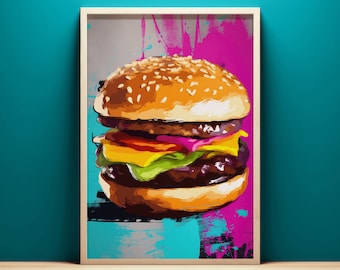 Burger Pop Culture Wall Art, Printable Wall Art Instant Download, Modern Kitchen Wall Art, Fast Food Restaurant Wall Art, Bistro Wall Decor