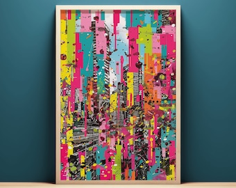 Paisaje urbano colorido de arte pop, arte mural imprimible, descarga instantánea, pintura de arte moderno abstracto, decoración urbana colorida para el hogar, paisaje urbano