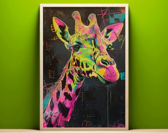 Vibrant Giraffe Pop Art Printable Wall Art, Instant Download, Neon Colored Painting, Pop Art Style Safari Wildlife Animal Portrait Printable
