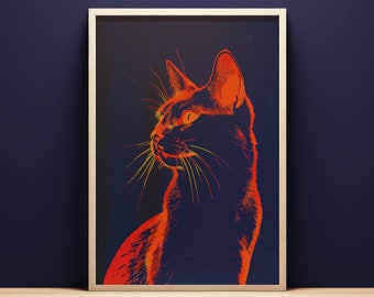 Neon Orange Cat Portrait, Printable Wall Art, Instant Download, Abstract Pop Culture Wall Art, Pop Art Aesthetic Wall Decor, Cat Lover Gift