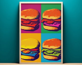Impressão de litografia de hambúrguer Pop Art, download instantâneo, arte de parede para impressão, arte de parede de cozinha Pop Art, pintura de hambúrguer, decoração de restaurante de fast food
