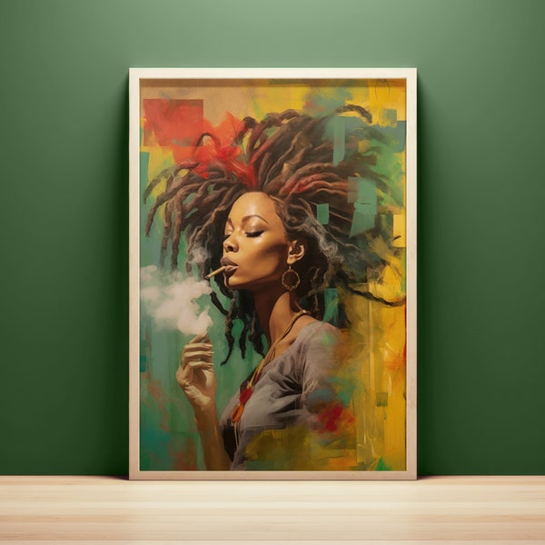 Jamaican Women Portrait, Printable Wall Art, Pop Art Poster, Instant Download, Mixed Media Art, Rasta Girl, Gift for Rastafari Women Jamaica