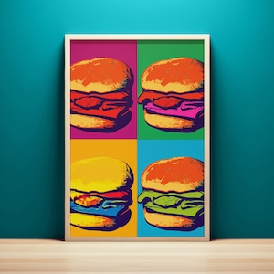 Burger Litography Pop Art Print, Instant Download, Printable Wall Art, Pop Art Kitchen Wall Art, Burger Painting, Fast Food Restaurant Decor