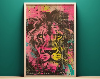 Żywy abstrakcyjny obraz lwa, drukowana sztuka ścienna, natychmiastowe pobieranie, drukowany lew pop-art, plakat króla dżungli, grafika w technice mieszanej
