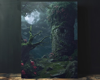 Moody Moonlight Scenery, Printable Wall Art, Instant Download, Floral Dark Cottagecore Room Decor, Dark Fantasy Aesthetic Wall Decor Gift