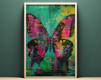 Butterfly Mixed Media Illustration, Printable Wall Art, Instant Download, Abstract Street Art Style Wall Decor, Neon Aesthetic Room Decor