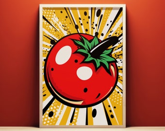 Abstract Pop Art Food Poster, Printable Wall Art, Instant Download, Retro Tomato Print, Retro Pop Art Poster, Food Painting, Bistro Wall Art