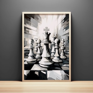 Black & White Chess Print, Digital Art Download, Printable Wall Art, Chess King Painting, Maximalist Style Wall Art, Gift for Chess Player