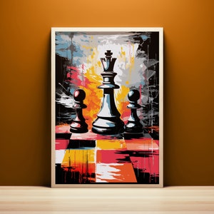 Pop Art Chess King Painting, Wall Art Printable, Trendy Art, Digital Download, Colorful Chess Print, Maximalist Wall Decor, Chess Board Art