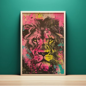 Lebendige abstrakte Löwe Malerei, druckbare Wandkunst, sofortiger Download, druckbare Pop Art Löwe König des Dschungels Poster, Mixed Media Kunstwerk