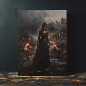 Vintage Fire Witch Oil Painting, Instant Download, Witchcore Printable Wall Art, Vintage Witch Room Decor, Dark Aesthetic Canvas Print
