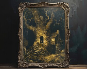 Surreal Horror Treehouse Download digital arte de parede para impressão, decoração Witchy Dark Cottagecore, decoração de parede Witchcore, estética de desenho vintage