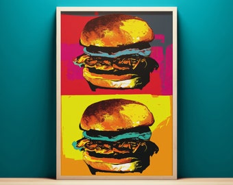 Impressão de arte pop de hambúrguer retrô, arte de parede para impressão instantânea, arte de parede de cozinha retrô, arte de parede de bistrô de hambúrguer, decoração de restaurante de fast food