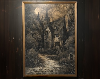 Haunted Forest Cottage, Printable Wall Art, Digital Download, Etching Style Dark Cottagecore Drawing, Dark Witchcore Wall Decor, Goth Decor