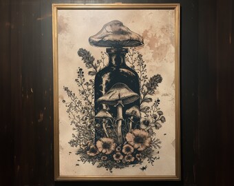 Dark Cottagecore Mushroom Illustration, Printable Wall Art, Digital Download, Moody Goblincore Aesthetic Wall Decor, Witchy Home Decor Gift