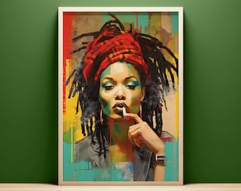 Rauchen Rasta Frauen Porträt, druckbare Wand Kunst Sofort Download, Jamaic Kunst Poster, Geschenk für Rastafari Girl, Pop Art Leinwand Jamaika Flagge