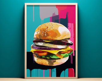 Arte de parede de grafite de hambúrguer, arte de parede para impressão, download instantâneo, impressão de arte pop de hambúrguer, arte de parede de cozinha ousada, decoração de parede de restaurante de fast food