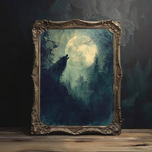 Moody Howling Wolf Painting, Digital Download, Printable Wall Art, Dark Vintage Oil Painting, Shabby Chic Dark Cottagecore Printable Art