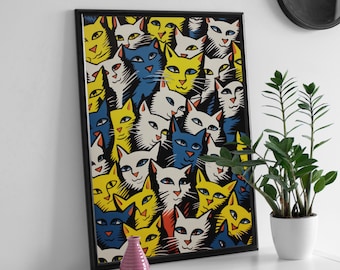 Poster chat fantaisiste, art mural imprimable en téléchargement numérique, pop art chat moderne, impression d'art de la culture pop colorée, cadeau mignon pour amateur de chats art mural