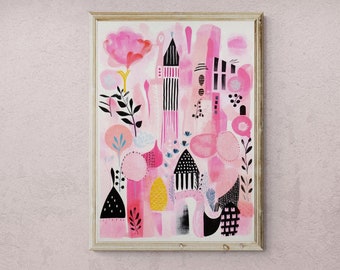Surreal Boho Print, Pink Preppy Wall Art, Printable Wall Art, Instant Download, Abstract Maximalist Decor, Preppy Room Decor for Girls, Gift