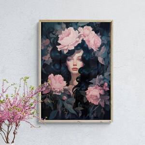 Pink Rose Women Portrait Printable Wall Art, Dark Preppy Floral Print, Maximalist Home Decor, Preppy Gift for Women, Instant Download