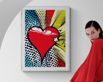 Retro Pop Art Poster Printable Wall Art, Valentines Day Gift for Her, Instant Download, Heart Wall Art Retro Poster, Bold Litography Pop Art