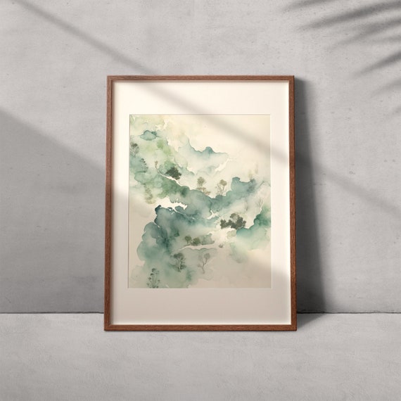 Abstract Minimalist Landscape Aquarell Painting, Printable Wall Art, Digital Download, Modern Teal Wall Decor, Trendy House Warming Gift