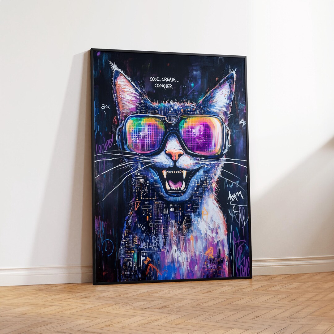 Programmer Cat Poster, Digital Printable Wall Art, CODE CREATE CONQUER ...