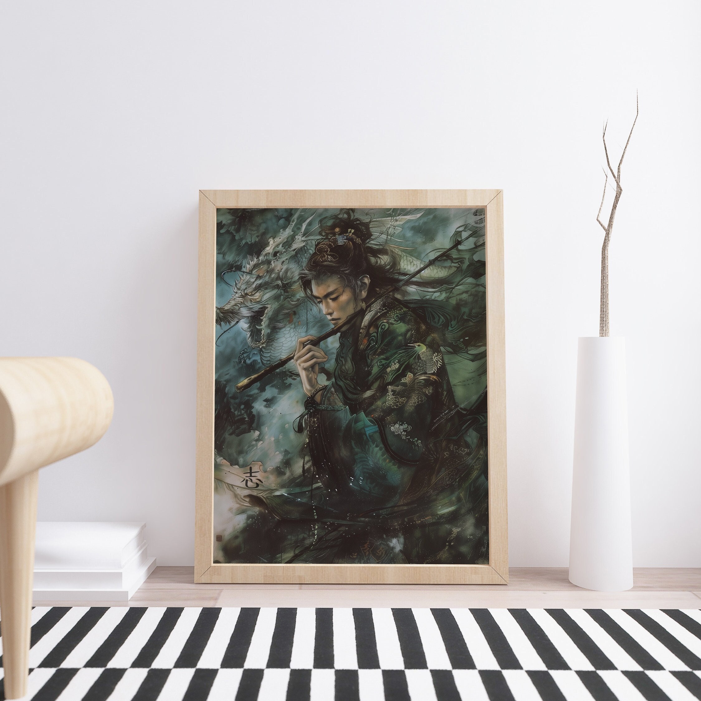 Moody Japanese Poster, Printable Wall Art, Instant Download, Spiritual Japanese Painting, Trendy Teal Wall Decor, Shodo Master Portrait Art