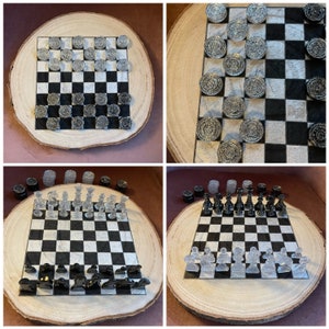 Handmade Log Slice Chess and draughts board with resin pieces