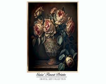 Vintage Roses In A Gold Vase Art Print|Digital Floral Wall Prints|Digital Downloads|Printable Art Prints|Dining Room Decor|Downloadable Art