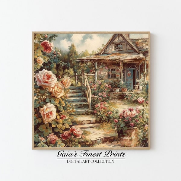 Vintage Rose Garden Cottage Wall Art Print|Digital Floral Garden Painting|Digital Art Print|Vintage Wall Painting|Downloadable Art Print