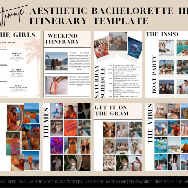 Ultimate Aesthetic Hen Bachelorette Trip Itinerary and Planner. Outfits and themes template