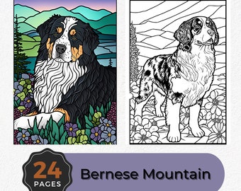 Bernese Mountain Dog Coloring Pages - Set of 24 Instant Download Printables for Dog Lovers, DIY Art, Relaxation, Gift For Canine Fans