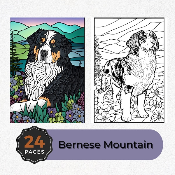 Bernese Mountain Dog Coloring Pages - Set of 24 Instant Download Printables for Dog Lovers, DIY Art, Relaxation, Gift For Canine Fans