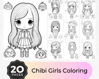 Chibi-flickor målarbilder | 20 kawaii-illustrationer (PDF)