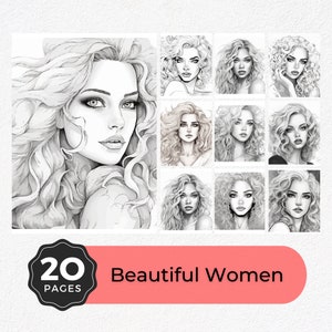 美しい女性の塗り絵 20 枚 | デジタル ダウンロード | 大人の塗り絵 | グレースケール | 美しい少女の塗り絵 | AI 設計