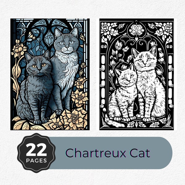 22 Chartreux Cat Coloring Pages - Unique Stained Glass Art - Instant Download for Cat Enthusiasts - Gift for Cat Lovers - Whiskers in Glass