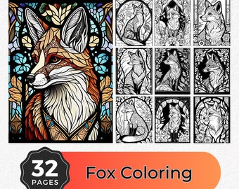 32 Fox Coloring Pages, Instant Download, Woodland Animals Coloring, Adult Coloring, Stained Glass Coloring Style, Teen and Adult Coloring