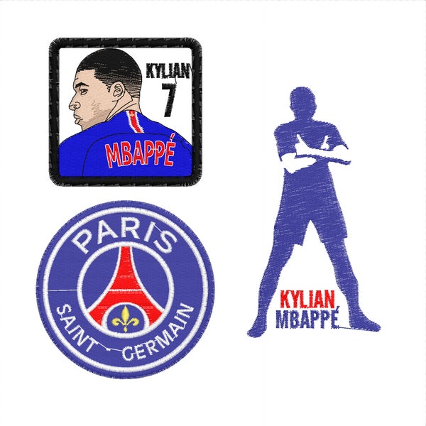 Kylian Mbappe PSG Paris Saint Germain Stickdesign-Pack x 3. Stickmatrix. Stickerei-Maschinendesign